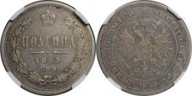 Russische Münzen und Medaillen, Alexander II (1854-1881). 1/2 Rubel (Poltina) 1865 SPB NF, Silber. Bitkin 105(R), Petrov (3 Rubl). NGC VF-20