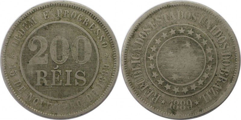 Weltmünzen und Medaillen, Brasilien / Brazil. 200 Reis 1889, Kupfer-Nickel. KM 4...
