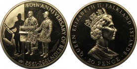Weltmünzen und Medaillen, Falklandinseln / Falkland islands. 40. Jahrestag der Thronbesteigung. 50 Pence 1992, Kupfer-Nickel. KM 34. Stempelglanz