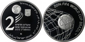 Weltmünzen und Medaillen , Israel. Fußball WM Brasilien. 2 New Sheqalim 2013, Silber. Polierte Platte