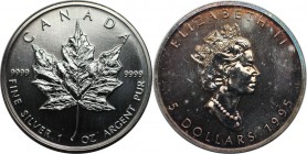 Weltmünzen und Medaillen, Kanada / Canada. Maple Leaf. 5 Dollars 1995, Silber. 1 OZ. KM 187. Stempelglanz, Feine Patina