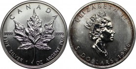 Weltmünzen und Medaillen, Kanada / Canada. Maple Leaf. 5 Dollars 1996, Silber. 1 OZ. KM 187. Stempelglanz