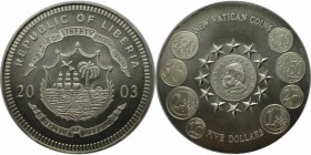 Weltmünzen und Medaillen, Liberia. Vatikan Euro. 5 Dollar 2003, Kupfer-Nickel. Stempelglanz. Patina. Fingerabdrücke.