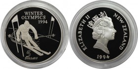 Weltmünzen und Medaillen, Neuseeland / New Zealand. Olympische Spiele - Slalomläufer. 5 Dollars 1994, Silber. 0.93 OZ. Polierte Platte