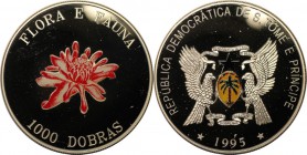 Weltmünzen und Medaillen, Saint thomas and prince islands. Blume Porzellanrose farbig. 1000 Dobras 1995, Silber. KM 77. Polierte Platte. Leicht berühr...
