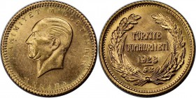 Weltmünzen und Medaillen , Türkei / Turkey. 25 Kurush 1923 / 52, 0.53 OZ. 1.8 g. Gold. KM 851. Stempelglanz