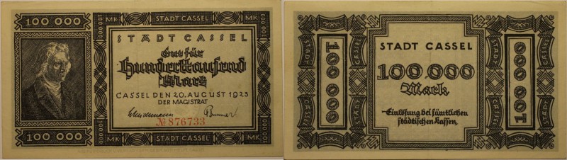 Banknoten, Deutschland / Germany. Notgeld Cassel, Inflation. 100 000 Mark 1923. ...
