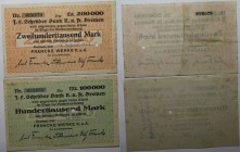 Banknoten, Deutschland / Germany. Notgeld Bremen, Inflation. 100 000 Mark, 200 000 Mark 1923. 2 Stück. II