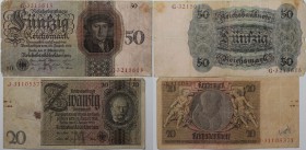 Banknoten, Deutschland / Germany. Reichsbanknote. 20 Mark, 50 Mark 1924-29. 2 Stück. Pick 177, 181. III