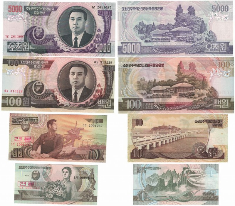 Banknoten, Korea, Nord / North Korea, Lots und Sammlungen. 1, 10, 100 Won 1992 (...