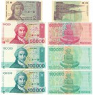 Banknoten, Kroatien / Croatia, Lots und Sammlungen. 25 Dinars 8.11.91 (P.19), 50000 Dinars, 2 x 100000 Dinars 30.5.93 (P.26,27), Lot von 4 Banknoten. ...