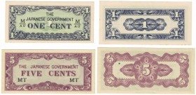 Banknoten, Malaya, Lots und Sammlungen. 1Cent, 5 Cent ND (1942) Pick: M1, M2. Lot von 2 Banknoten. Siehe scan! I