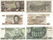Banknoten, Österreich / Austria, Lots und Sammlungen. Oesterreichische Nationalbank. 2 x 20 Schilling 1967 (P.142) III, 1986 (P.148) I, 100 Schilling ...