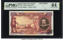 Angola Banco De Angola 20 Angolares 1944 Pick 79s Specimen PMG Choice Uncirculated 64. Previous mounting is noted on this example. 

HID09801242017

©...