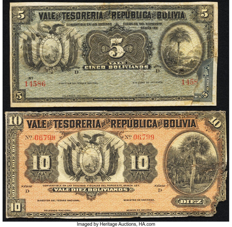 Bolivia Tesoreria de la Republica 5; 10 Bolivianos 29.11.1902 Pick 93r; 94r Two ...