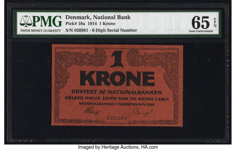 Denmark National Bank In Copenhagen 1 Krone 1914 Pick 10a PMG Gem Uncirculated 6...