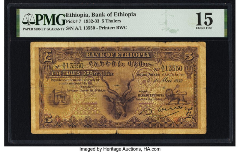 Ethiopia Bank of Ethiopia 5 Thalers 1.5.1932 Pick 7 PMG Choice Fine 15. 

HID098...