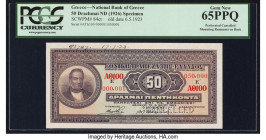 Greece National Bank of Greece 50 Drachmai 6.5.1923 Pick 84cts Color Trail Specimen PCGS Gem New 65PPQ. Cancelled perforation and mount remnants are p...
