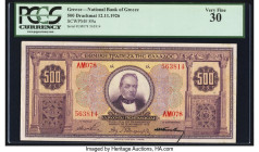 Greece National Bank of Greece 500 Drachmai 12.11.1926 Pick 89a PCGS Very Fine 30. Cancelled perforation present. From the Greek Legacy Collection 

H...