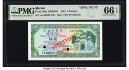 Macau Banco Nacional Ultramarino 5 Patacas 8.8.1981 Pick 58as Specimen PMG Gem Uncirculated 66 EPQ. Two POCs are present on this example. 

HID0980124...