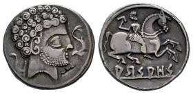 Arsaos. Denarius. 120-80 BC. Area of Navarra. (Abh-139). (Acip-1655). (C-14). Anv.: Bearded male head right, dolphin before, plough behind. Rev.: Hors...
