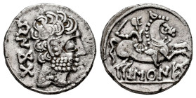 Baskunes-Barskunes. Denarius. 120-20 BC. Pamplona. (Abh-215). Anv.: Bearded head right, iberian legend BENKODA behind. Rev.: Horseman right, holding s...