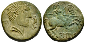 Bilbilis. Unit. 120-30 BC. Calatayud (Zaragoza). (Abh-258). (Acip-1573). Anv.: Male head right, dolphin before, iberian letter BI behind. Rev.: Horsem...