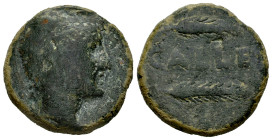 Callet. Unit. 50 BC. El Coronil (Sevilla). (Abh-433). Anv.: Head of Heracles right, with lion skin. Rev.: Two ears of corn right, legend CALLET in bet...