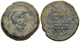 Carmo. Unit. 80 BC. Carmona (Sevilla). (Abh-454). (Acip-2382). Anv.: Male head right within a laurel wreath. Rev.: Two ears of corn right, CARMO in be...