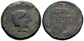 Carmo. Unit. 80 BC. Carmona (Sevilla). (Abh-454). Anv.: Male head right within a laurel wreath. Rev.: Two ears of corn right, CARMO in between. Ae. 24...