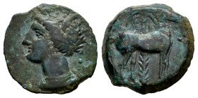 Carthage Nova. 1/2 calco. 400-350 a.C. Cartagena (Murcia). (Abh-507 var). (Sng Cop-117/9). Anv.: Wreathed head of Tanit to left. Rev.: Horse standing ...