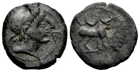 Kastilo-Castulo. Half unit. 180 BC. Cazlona (Jaén). (Abh-722). Anv.: Diademed male head right, iberian letter KA before. Rev.: Bull right, L and cresc...