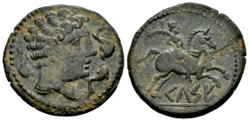 Kelse-Celsa. Unit. 120-50 BC. Velilla de Ebro (Zaragoza). (Abh-771). Anv.: Male head right with cloak and fibula, three dolphins around. Rev.: Horsema...