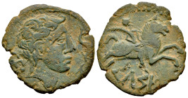 Kelse-Celsa. Unit. 120-50 BC. Velilla de Ebro (Zaragoza). (Abh-773). Anv.: Male head right, two dolphins before, latin legend CEL behind. Rev.: Horsem...