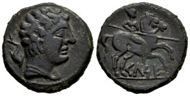 Kelse-Celsa. Unit. 120-50 BC. Velilla de Ebro (Zaragoza). (Abh-779). (Acip-1476). (C-5 var). Anv.: Male head right with cloak and fibula, dolphin behi...