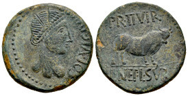 Kelse-Celsa. Unit. 50-30 BC. Velilla de Ebro (Zaragoza). (Abh-794). (Acip-1494). Anv.: COL. VIC. IVL. LEP. Female bust right. Rev.: Bull right, PR. II...