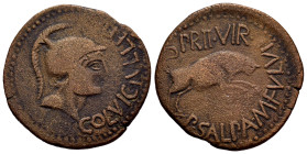 Kelse-Celsa. Unit. 50-30 BC. Velilla de Ebro (Zaragoza). (Abh-799). Anv.: COL. VIC. IVL. LEP. Helmeted male head right. Rev.: Bull charging right, PR....