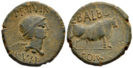 Kelse-Celsa. Unit. 50-30 BC. Velilla de Ebro (Zaragoza). (Abh-800). Anv.: Female head right, palm behind, PR. II. VIR. above, C.V.I.L below. Rev.: Bul...