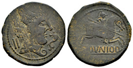 Clounioq. Unit. 120-40 a.C. Coruña del Conde (Burgos). (Abh-834). Anv.: Male head to right, in front of dolphin, behind Iberian letter KO vertical. Re...