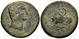 Ikalkusken. Unit. 120-20 BC. Iniesta (Cuenca). (Abh-1417). Anv.: Male head right, dolphin behind and caduceus before. Rev.: Horseman left, holding rou...