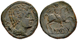Iltirta. Unit. 200-20 BC. Lleida (Cataluña). (Abh-1471). (Acip-1251). Anv.: Male head right, three dolphins around. Rev.: Horseman right, holding palm...