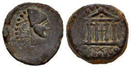 Malaka. Cuadrante. 200-20 BC. Malaga. (Abh-1739). Anv.: Head of Vulcan right, punic legend, tongs before. Rev.: Tetrastyle temple, neo-punic legend ro...