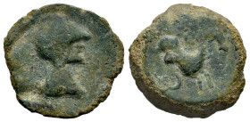 Uncertain Oba type. Half unit. 51 BC. Jimena de la Frontera (Cádiz). (Abh-1776). (Acip-No cita). Anv.: Helmeted male head right. Rev.: Horse right, St...