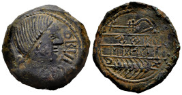 Obulco. Unit. 220-20 BC. Porcuna (Jaén). (Abh-1794). (Acip-2203). (C-26). Anv.: Female head right, OBVLCO before. Rev.: Plow left, ear of corn below, ...