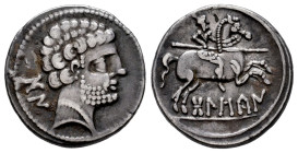 Bolskan. Denarius. 180-20 BC. Huesca. (Abh-1911). Anv.: Bearded head right, iberian letters BON behind. Rev.: Horseman right, holding spear, iberian l...