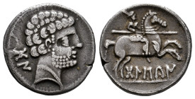 Bolskan. Denarius. 180-20 BC. Huesca. (Abh-1911). (Acip-1417). (C-2). Anv.: Bearded head right, iberian letters BON and ¿crescent? behind. Rev.: Horse...