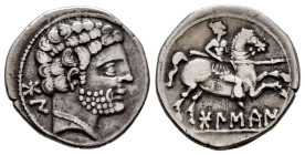 Bolskan. Denarius. 180-20 BC. Huesca. (Abh-1911). Anv.: Bearded head right, iberian letters BON behind. Rev.: Horseman right, holding spear, iberian l...