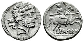 Bolskan. Denarius. 180-20 BC. Huesca. (Abh-1911). (Acip-1417). (C-6). Anv.: Bearded head right, iberian letters BON behind. Rev.: Horseman right, hold...