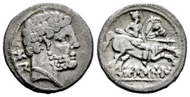Bolskan. Denarius. 180-20 BC. Huesca. (Abh-1911). (Acip-1417). (C-6). Anv.: Bearded head right, iberian letters BON behind. Rev.: Horseman right, hold...