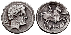 Bolskan. Denarius. 180-20 BC. Huesca. (Abh-1911). (Acip-1417). Anv.: Bearded head right, iberian letters BON behind. Rev.: Horseman right, holding spe...